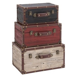 Wood and Leather (Set of 3) Trunks Red - Olivia & May: Farmhouse Style, Hinged Lid, Indoor Use - 1 of 4