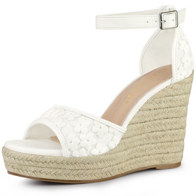 Allegra K Women's Floral Lace Mesh Wedges Sandals White 10