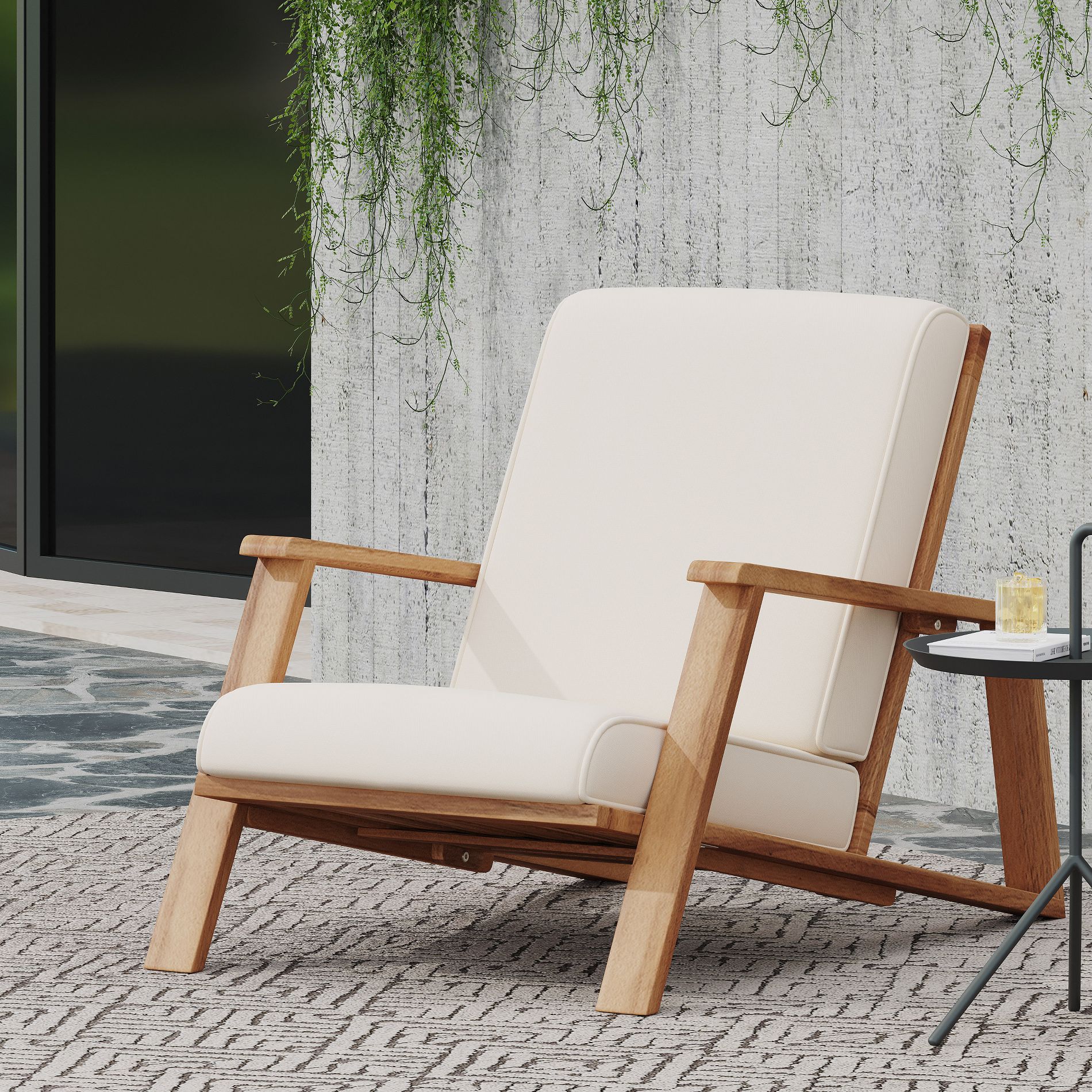 KTMBDW Outdoor Chair Acacia Wood Construction Upholstered Seat Mid Century Design Comfortable Armchair Patio Lawn Garden Backyard - Beige