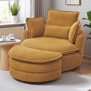 Corduroy Swivel Chair with Storage Ottoman and Back Pillow - 1 of 4