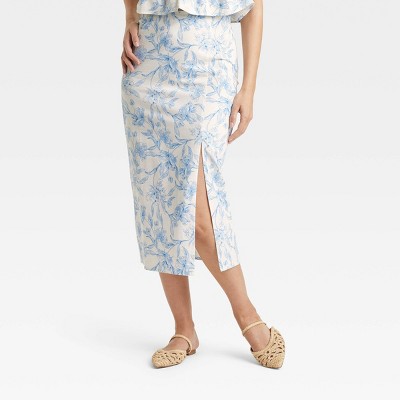 Women's Garden Party Midi A-Line Skirt - A New Day™ Cream/Blue Floral 14