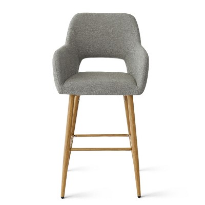 Gray Linen Upholstered Counter Height Bar Stools with Oak Legs, Set of 2