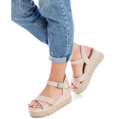 Beige Faux Suede Wedge Sandals with Ankle Strap, Size 9