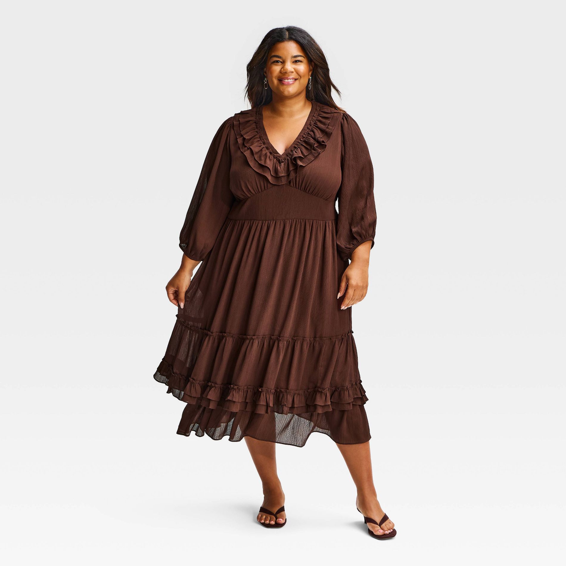 Women's Plus Long Sleeve Ruffle Midi Dress - Ava & Viv™ Brown