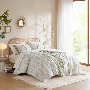 3 PCS King/Cal King Cotton Printed Comforter Set with Chenille Sage/Ivory - 1 of 1