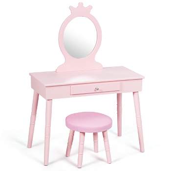 Tangkula Kids Princess Vanity Table Set w/ Chair Crown Mirror White/Pink