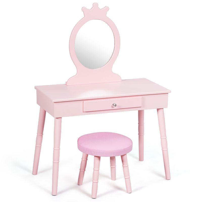 Tangkula Kids Princess Vanity Table Set w/ Chair Crown Mirror White/Pink, 1 of 8
