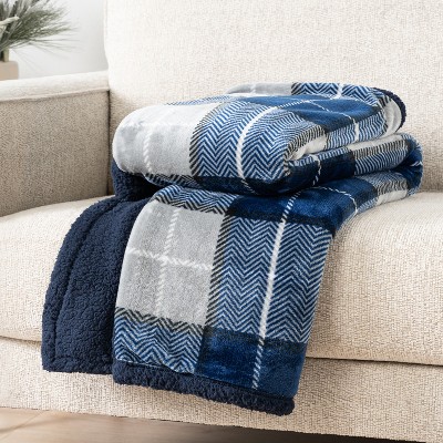 Navy Plaid Reversible Sherpa Fleece Throw Blanket