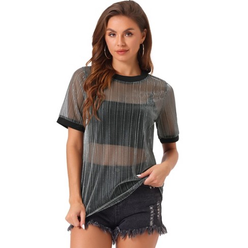 Allegra K Women s Mesh Short Sleeve Cover Up See Through Sheer Tops Black Silver Large