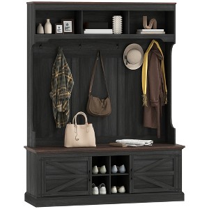 HOMCOM 3-in-1 Hall Tree with Shoe Storage, Standing Coat Rack with Shoe Bench, Entryway Furniture with Seven Hooks, Black Wood Grain - 1 of 4