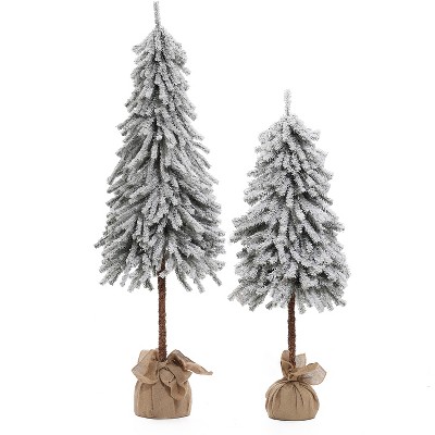 LuxenHome Set of 2 Christmas Trees, 4Ft and 5Ft Slim Christmas Tree Set, Battery Operated Lighted Christmas Tree with Burlap Base White