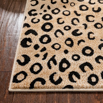 Leopard Print Black and Beige Synthetic Rectangular Area Rug 6'7" x 9'6"