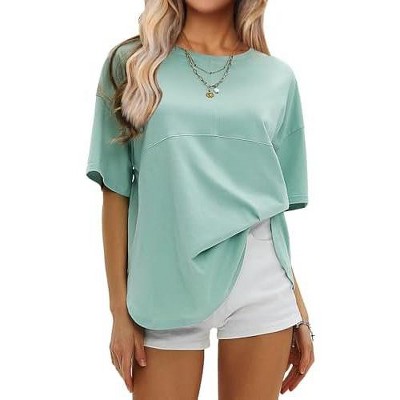 EXLURA Womens Summer Oversized T Shirts Crewneck Loose Workout Short Sleeve Blouse Tops 2025 Y2K Casual Athletic Basic Tee