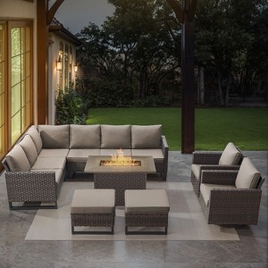 POCASSY 8 Piece Outdoor Sectional Patio Furniture Set, All Weather Brown Wicker Outdoor Furniture Set with Swivel Chair and 41" Propane Fire Pit - 1 of 4
