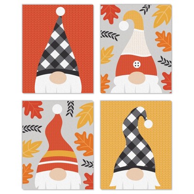 Big Dot of Happiness Fall Gnomes - Unframed Autumn Leaf Linen Paper Wall Art - Set of 4 - Artisms - 8 x 10 inches