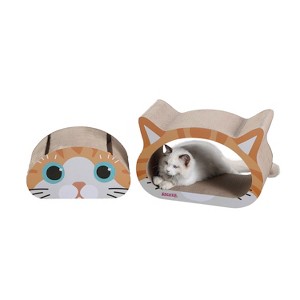 Opal Modern Cardboard Happy Cat Head 2-in-1 Cat Cave Scratcher with Built-In Bell Toys and Catnip - 1 of 4