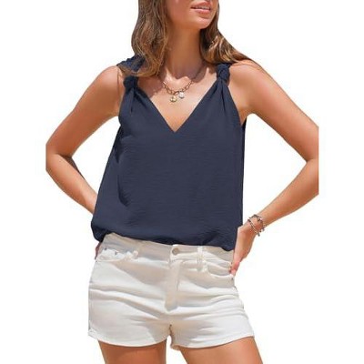 EXLURA EXLURA Womens Summer Tank Tops Casual V Neck Knotted Sleeveless Cami Blouses Fashion Cute Shirts Beach Vacation 2025 Black
