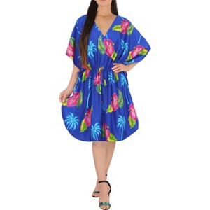LA LEELA Women's House Daily Routine Evening Wear Vacation Holiday Casual Loungewear Relaxed Fit Caftan Mini Casual Sundress 2X-3X Blue Floral - 1 of 3
