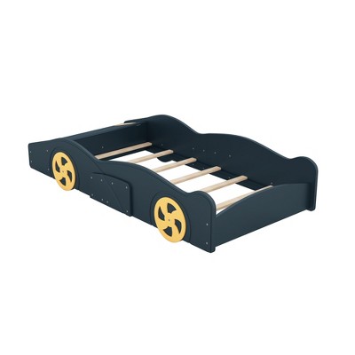 Bellemave Full Size Race Car-Shaped Platform Bed,Wood Platform Bed Frame with Wheels and Storage,for Girls Boys Teenagers, Dark Blue