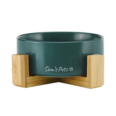 Green Ceramic Pet Bowl with Wooden Stand