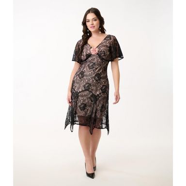 Unique Vintage Women's Flutter Sleeve Flapper Dress Black Lace XL/14 :  Target