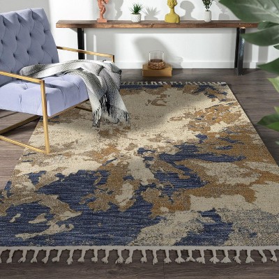 Luxe Weavers Abstract Fringed Blue Area Rug