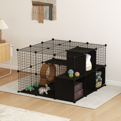 Black Metal Multi-Level Cat Playpen with Ramps and Storage