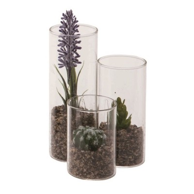 Transpac Glass 5 in. Clear Spring 3-Tiered Vase Faux Succulents Display