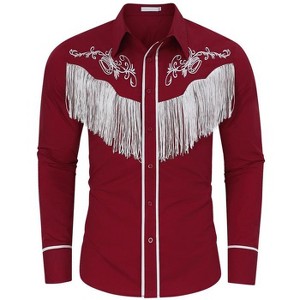 Coolmee Men's Western Cowboy Fringe Shirt Long Sleeve Floral Print Slim Fit Button Down Shirt - 1 of 3