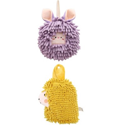 REGALWOVEN Absorbent Soft Chenille Cartoon Alpaca Fuzzy Ball Bathroom Hanging Hand Towels 7" x 7"/7" x 11" 2 Pcs