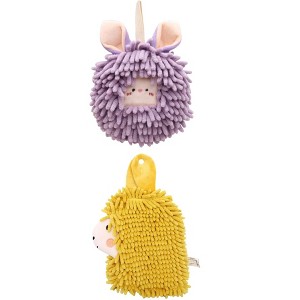 REGALWOVEN Absorbent Soft Chenille Cartoon Alpaca Fuzzy Ball Bathroom Hanging Hand Towels 7" x 7"/7" x 11" 2 Pcs - 1 of 4