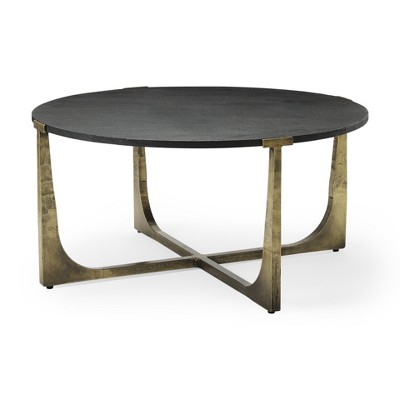 HomeRoots 34" Antiqued Gold Solid Wood and Iron Round Distressed Coffee Table