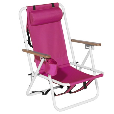 VisioGear Folding Beach Chair, Portable Backpack Foldable Camping Chair with Headrest Cup Holder, Pink, 23"*21.7"*31.5"