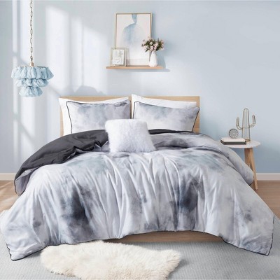4Pcs Watercolor Tie Dye duvet Cover Set with Decorative Pillow, Piped Edges, Charcoal, Full/Queen