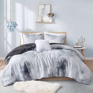 4Pcs Watercolor Tie Dye duvet Cover Set with Decorative Pillow, Piped Edges, Charcoal, Full/Queen - 1 of 4