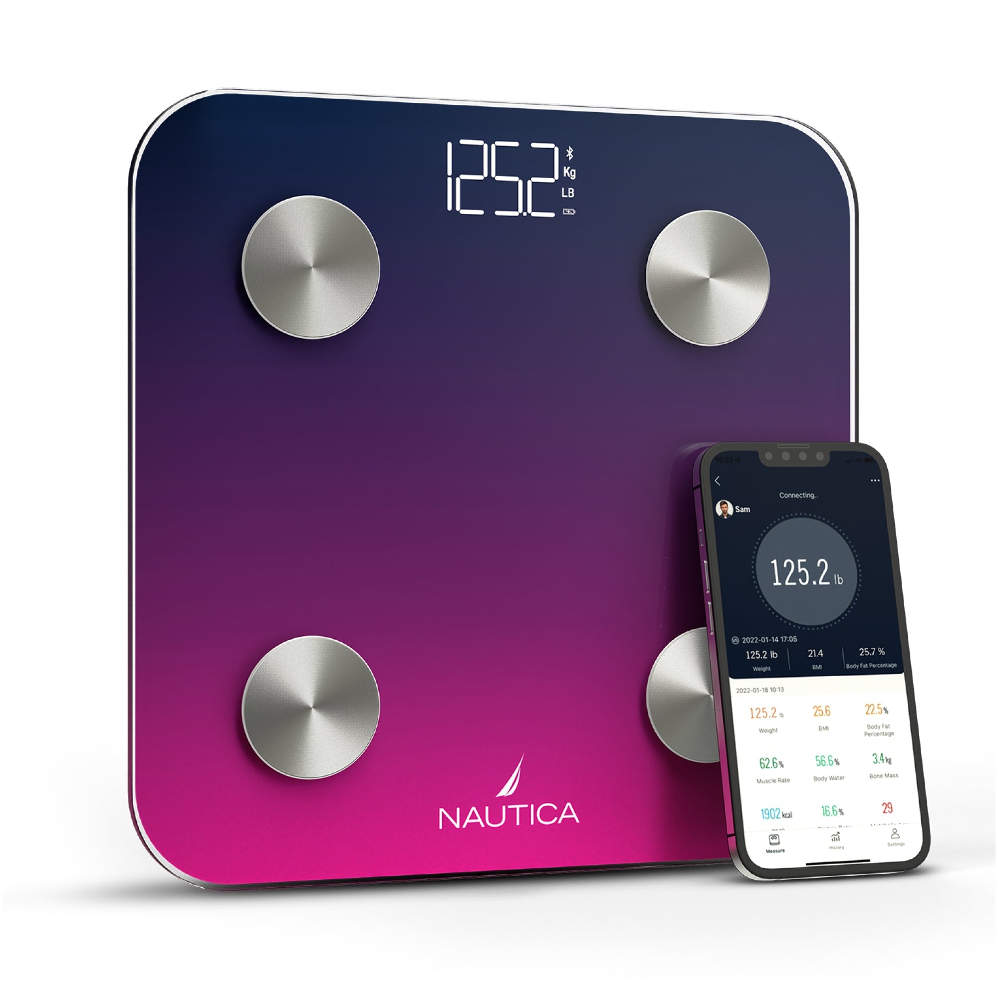 Nautica Body Tracker Digital Scale for Body Weight, Bluetooth Enabled Smart Scale with BMI, Body Fat, Muscle Mass Tracking