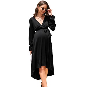 Maternity Wrap Dress with Long Sleeves - V-Neck Tie Waist High-Low Hem Pregnancy Dress - 1 of 4