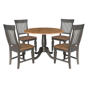 5pc 42" Round Dual Drop Leaf Dining Table with 4 Slat Back Chairs Hickory/Washed Coal - International Concepts: Rubberwood, Pedestal Base - 1 of 4