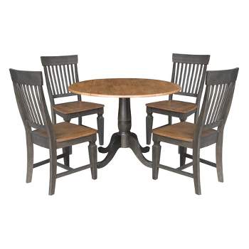 5pc 42" Round Dual Drop Leaf Dining Table with 4 Slat Back Chairs Hickory/Washed Coal - International Concepts