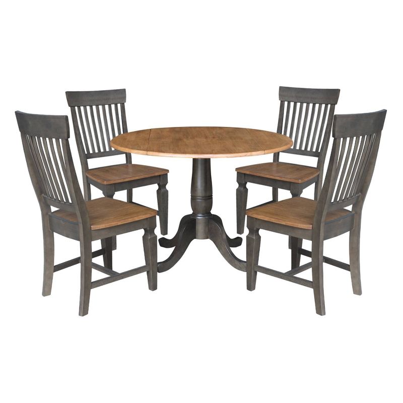 5pc 42&#34; Round Dual Drop Leaf Dining Table with 4 Slat Back Chairs Hickory/Washed Coal - International Concepts, 1 of 11