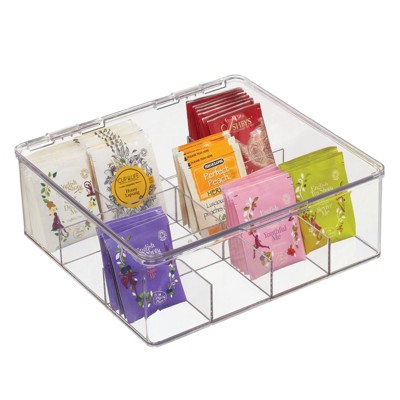 mDesign Stackable Plastic Tea Bag Divided Storage Organizer Box with Hinge Lid - 10.5 x 10.5 x 3.75, Clear