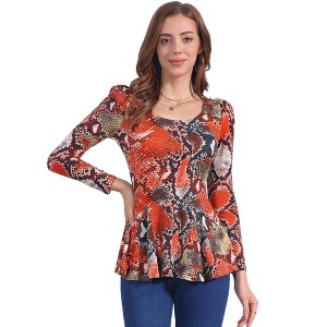 INSPIRE CHIC Women's Long Sleeves Padded Shoulder Scoop Neck Printed Peplum Shirt - 1 of 4