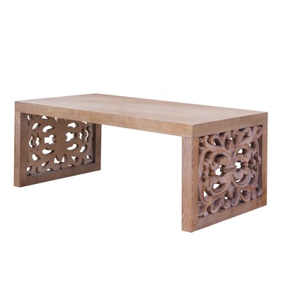 Vynxaria Rustic Coffee Table - 47.2"×23.6" Rectangular, Natural Finish, Ornate Carved Side Panels, Handcrafted Look