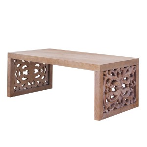Vynxaria Rustic Coffee Table - 47.2"×23.6" Rectangular, Natural Finish, Ornate Carved Side Panels, Handcrafted Look - 1 of 4