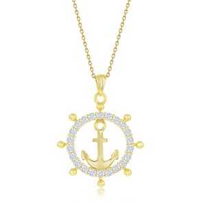 Bella Silver Sterling Silver CZ Anchor Ship Wheel 18" Pendant Necklace - Gold Plated - Gold - 1 of 2