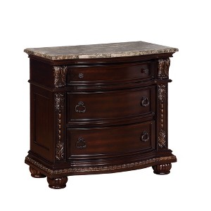 Gulches 1pc Traditional Nightstand with Marble Top, Three Drawers, Antiqued Hardware & Intricate Moldings, Solid Wood - 1 of 4
