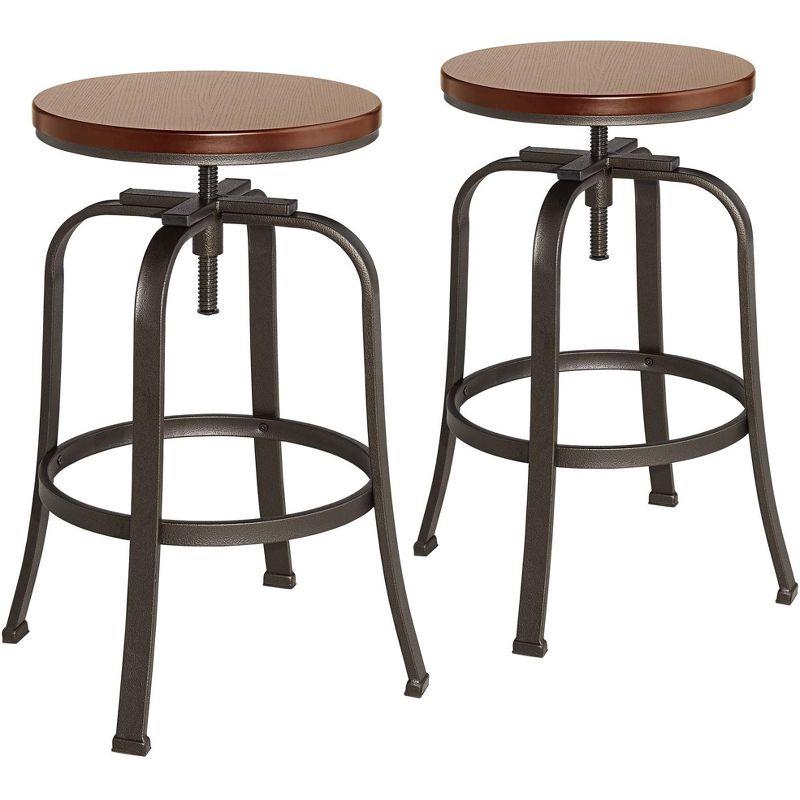 Elm Lane Radin Hammered Bronze Swivel Bar Stools Set of 2 Brown 29" High Industrial Adjustable Brown Seat with Footrest for Kitchen Counter Height, 1 of 9