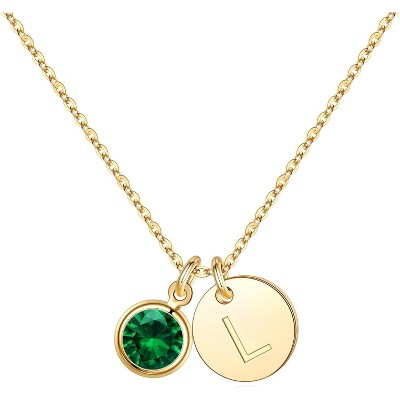 Personalized Birthstone Necklace 14K Gold Plated Initial Disc Jewelry Gift