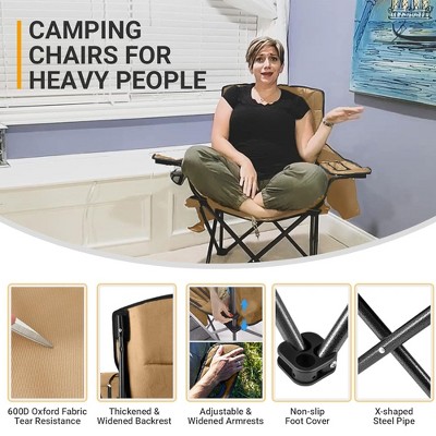 Khaki Padded Folding Camping Chair with Cupholder and Cooler