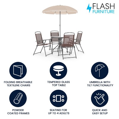 Nantucket Brown 6-Piece Patio Set with Glass Table and Umbrella